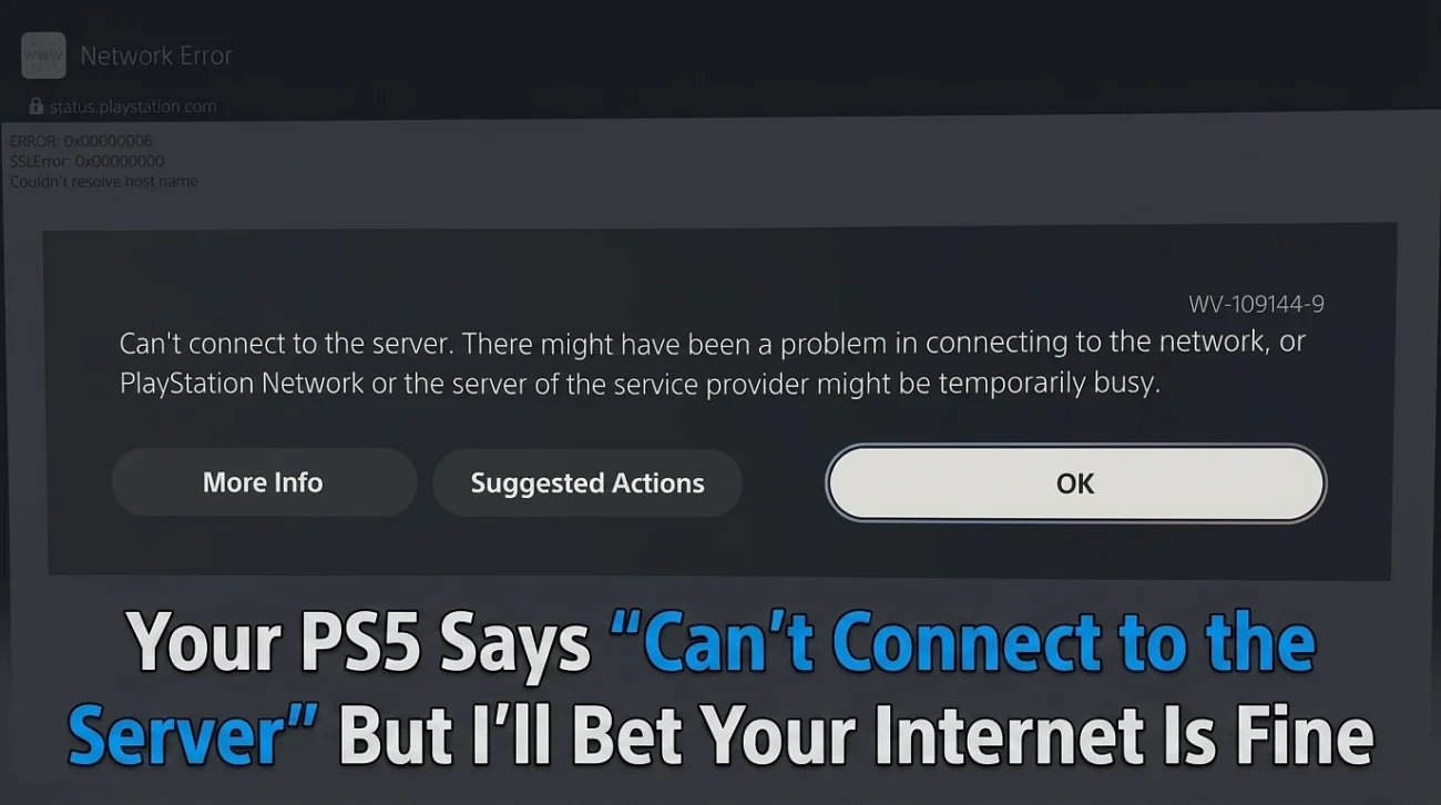 PS5 Controller Beside A TV Showing A Playstation Server Connection Error